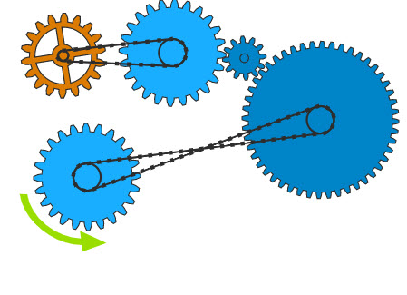 Illustration for In which direction does the orange gear rotate?